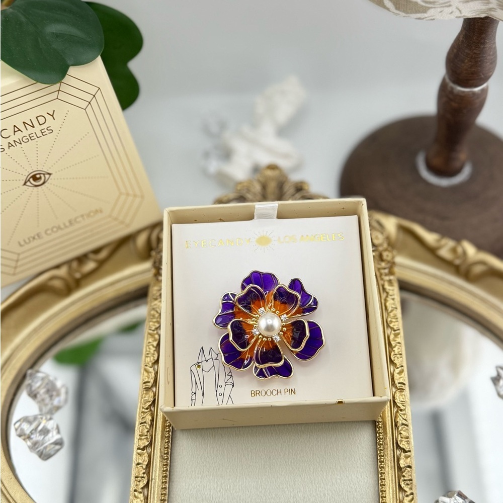 Eyecandy LA Enamel Flower Brooch – Purple & Orange with Pearl Center - Picture 4 of 5